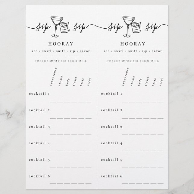 Cocktail Tasting Rating Scorecard Custom Letterhead (Front)