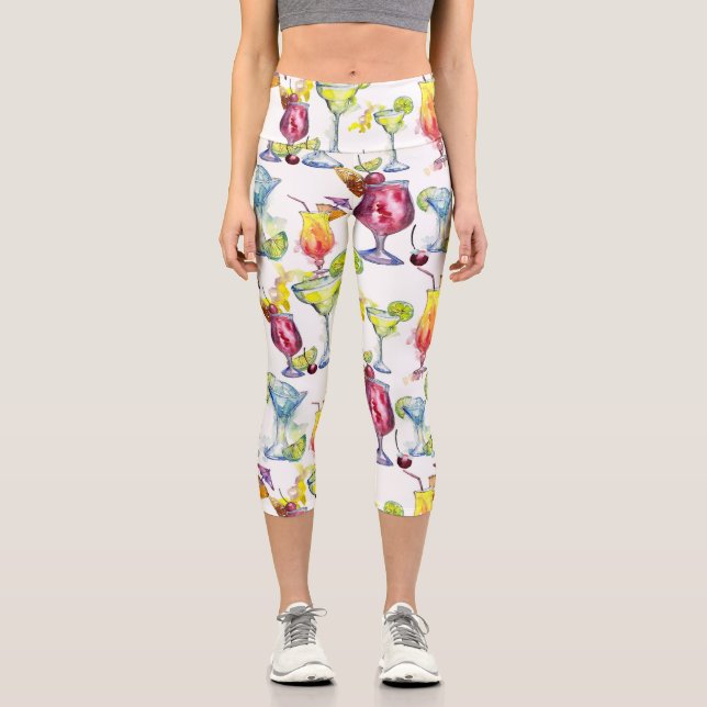 Cocktail Tropical Drinks Watercolor Pattern Capri Leggings (Front)