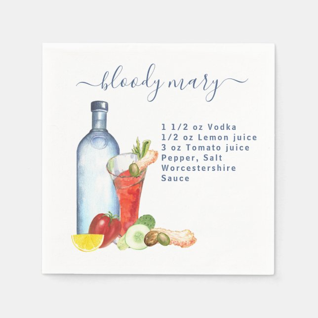 Cocktail Watercolor Recipe Mixed Drink Bloody Mary Napkin (Front)