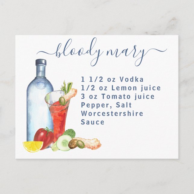 Cocktail Watercolor Recipe Mixed Drink Bloody Mary Postcard (Front)
