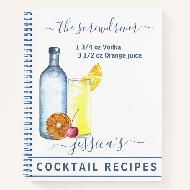 Cocktail Watercolor Recipe Mixed Drinks Vodka Notebook (Front)