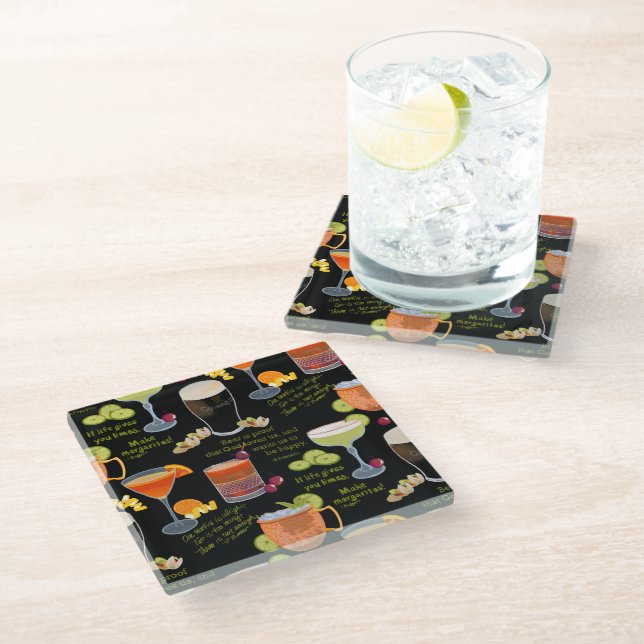 Cocktails and contemplation glass coaster (Angled)