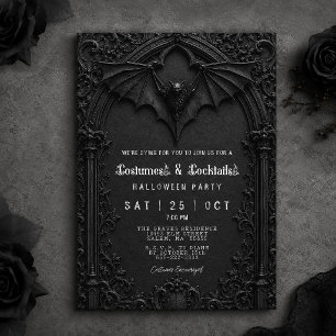 Cocktails and Costumes Black Bat Halloween Party Invitation