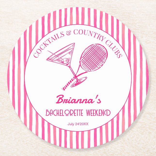 Cocktails and country clubs tennis Bachelorette Round Paper Coaster (Front)