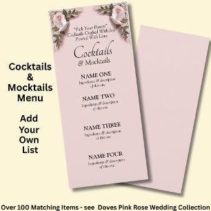 Cocktails Drinks Menu Card - Pink Roses & Doves 