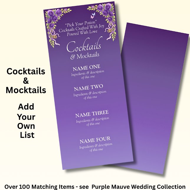 Cocktails Drinks Menu Card- Purple Mauve Flowers (Creator Uploaded)