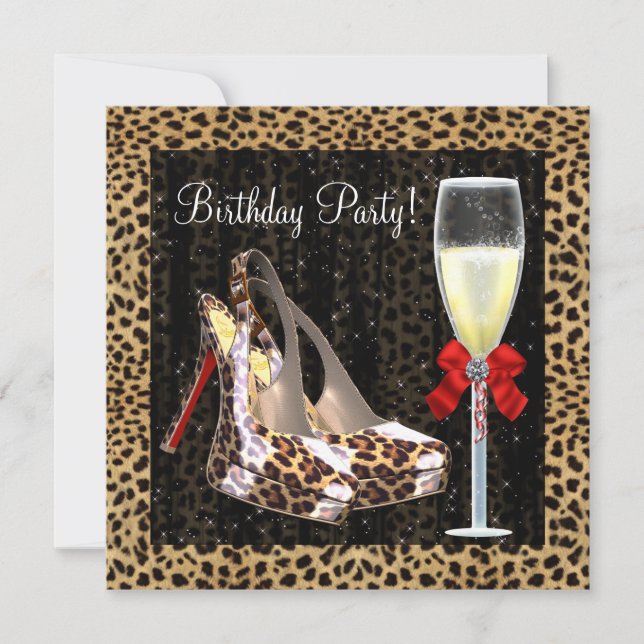 Cocktails High Heel Shoes Red Leopard Birthday Invitation (Front)