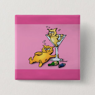 Cocktails & KIttens Pink Cartoon Button