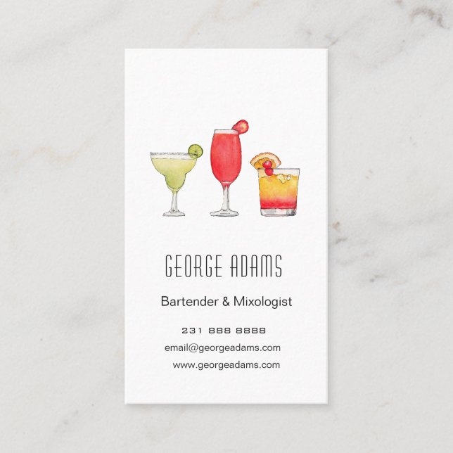 Cocktails Mixed drinks watercolor bartender Busine Business Card (Front)