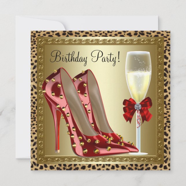 Cocktails Red High Heel Shoes Leopard Birthday Invitation (Front)