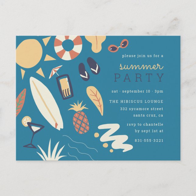 Cocktails, Surf & Sun | Cute Summer Birthday Party Invitation Postcard (Front)