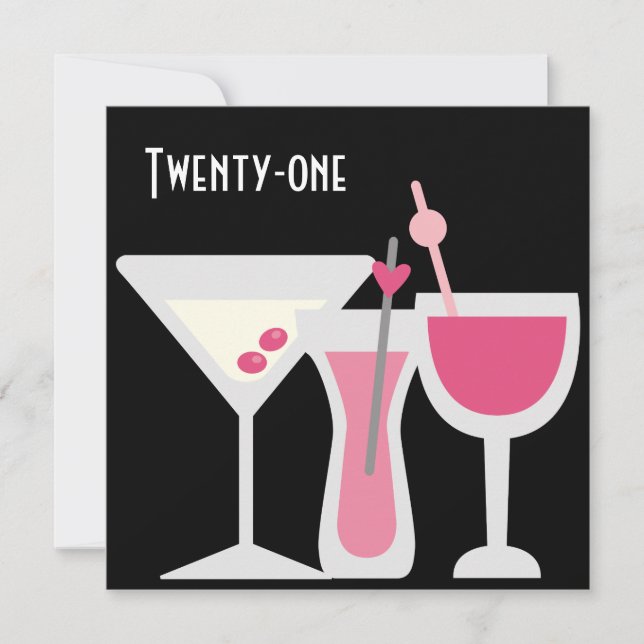 Cocktails Womans Pink Black 21st Birthday Party Invitation (Front)