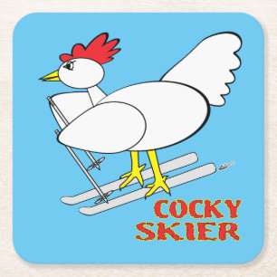 Cocky Skier Square Paper Coaster