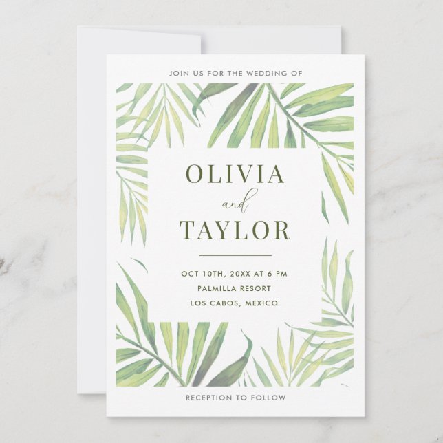 COCO Watercolor Palm Leaf Wedding Invitation (Front)