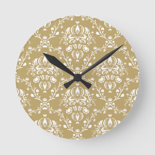 Cocoa and Cream Damask Round Clock (Front)