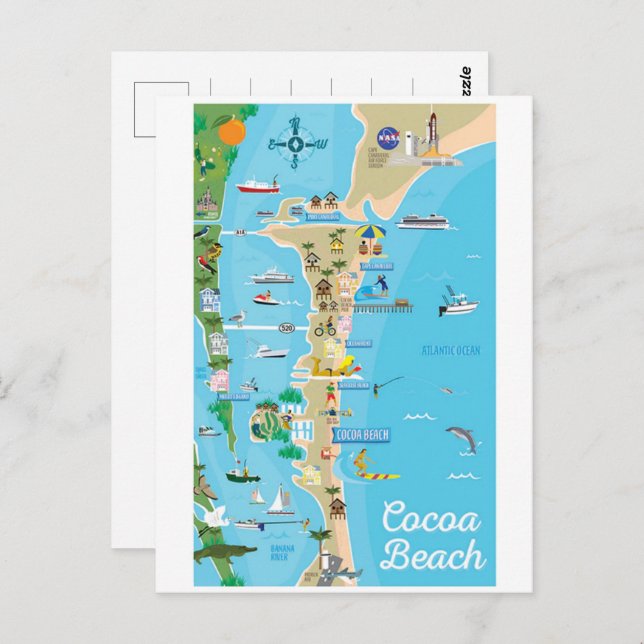 Cocoa Beach City Florida coast line map gifts Postcard (Front/Back)