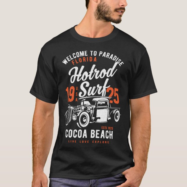 Cocoa Beach Florida Retro Hotrod Surf Distressed   T-Shirt (Front)