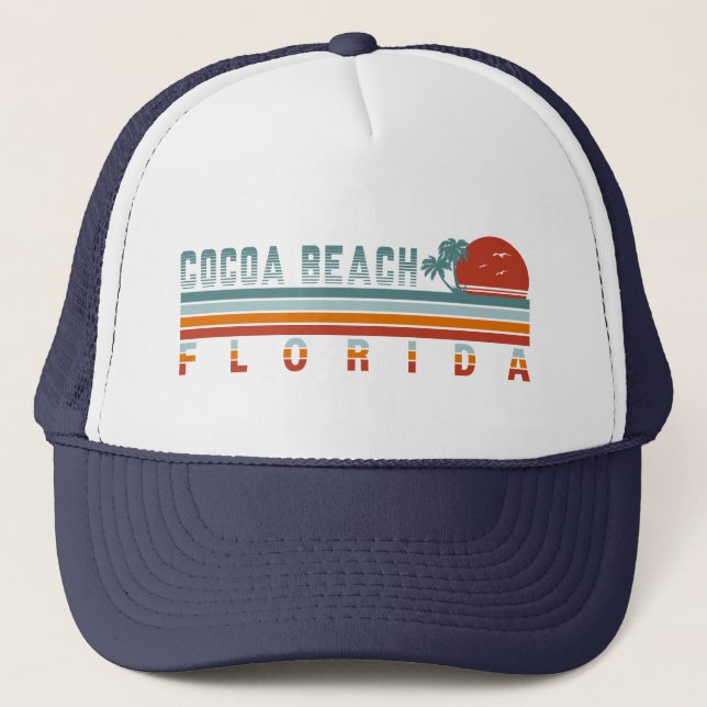 Cocoa Beach Florida Retro Sunset Souvenirs 60s Trucker Hat (Front)