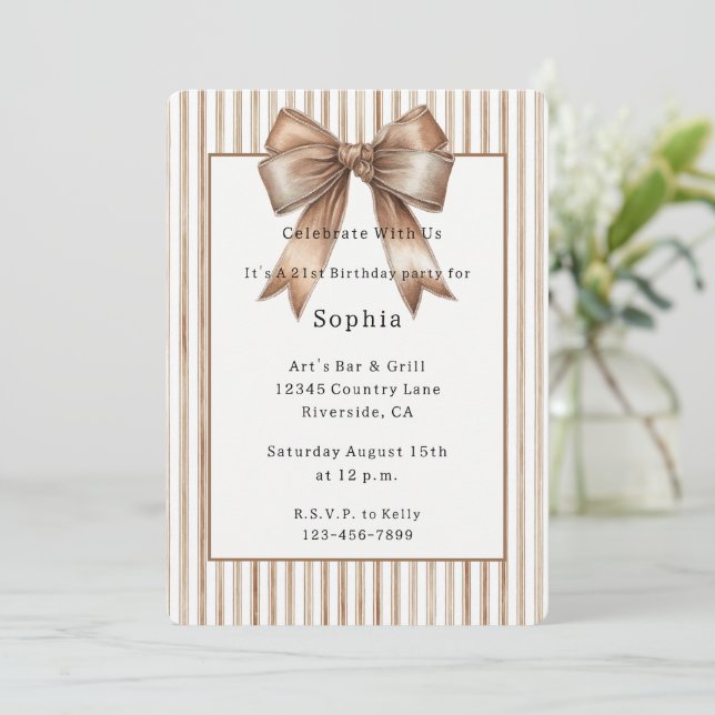 Cocoa Bow Brown Cream Stripes Birthday Invitation (Standing Front)