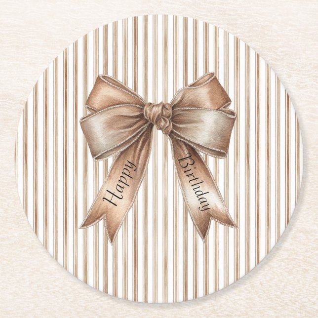 Cocoa Bow Brown Cream Stripes Birthday Round Paper Coaster (Front)