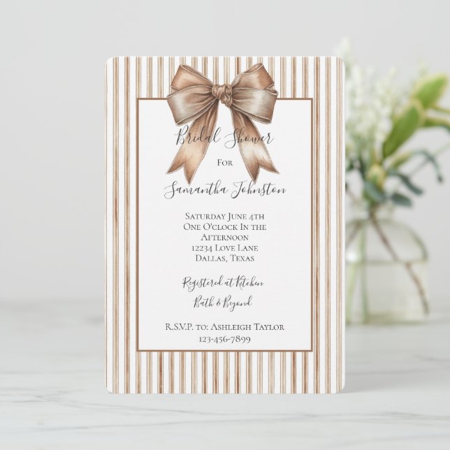 Cocoa Bow Brown Cream Stripes Bridal Shower  Invitation (Standing Front)