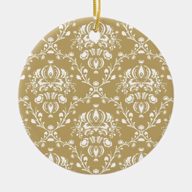 Cocoa Brown and Cream Damask Ceramic Tree Decoration (Front)