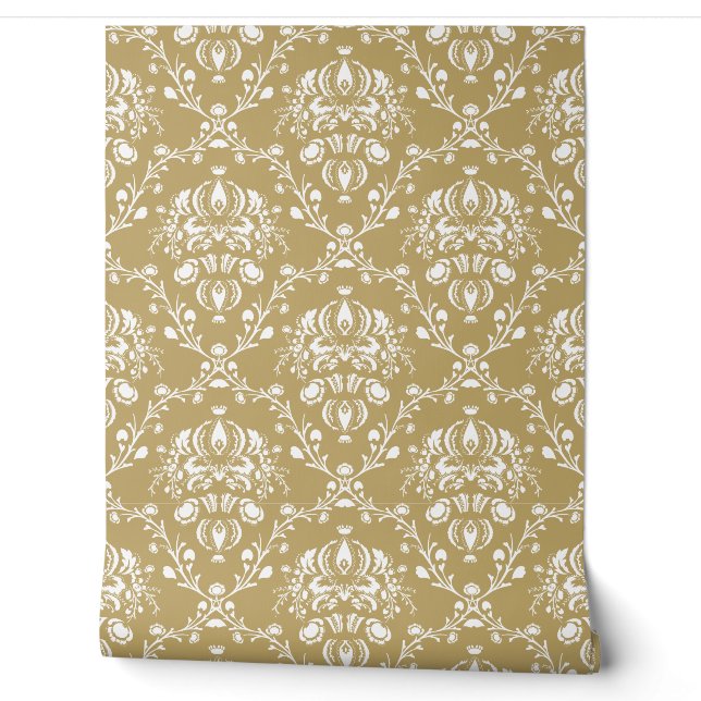 Cocoa Brown and Cream Damask Wallpaper (Unrolling)