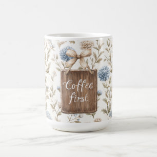 Cocoa Brown Cream Blue Flowers Coffee First Mug