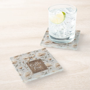 Cocoa Brown Cream Floral Coffee First   Glass Coaster