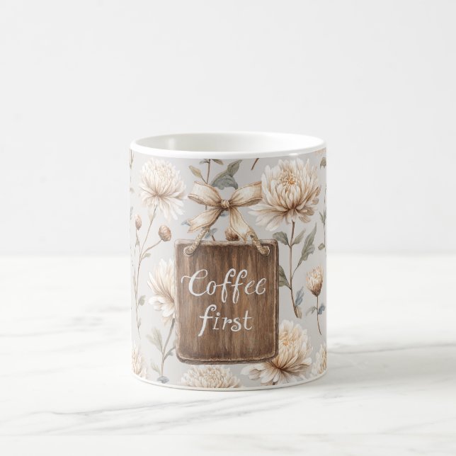 Cocoa Brown Cream Floral Coffee First   Mug (Center)