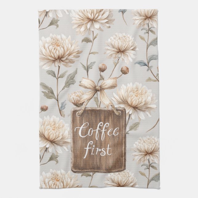 Cocoa Brown Cream Floral Coffee First   Tea Towel (Vertical)
