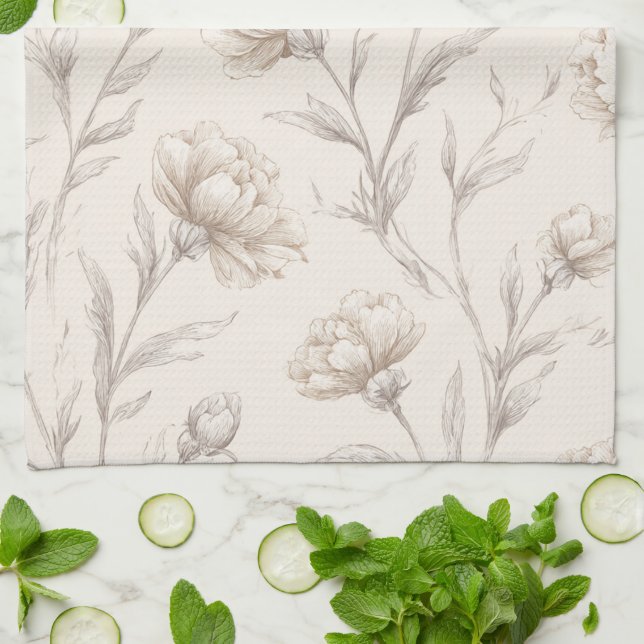 Cocoa Brown Cream Floral Tea Towel (Folded)