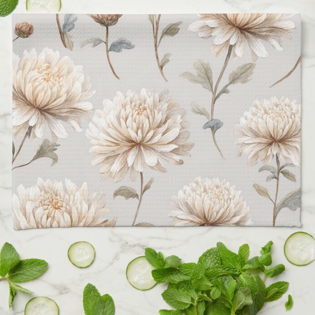 Cocoa Brown Cream Floral  Tea Towel (Folded)