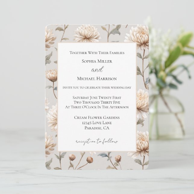 Cocoa Brown Cream Floral Wedding Invitation (Standing Front)