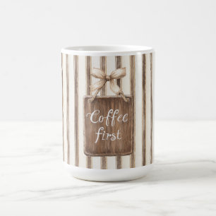Cocoa Brown Cream Stripes Coffee First Mug