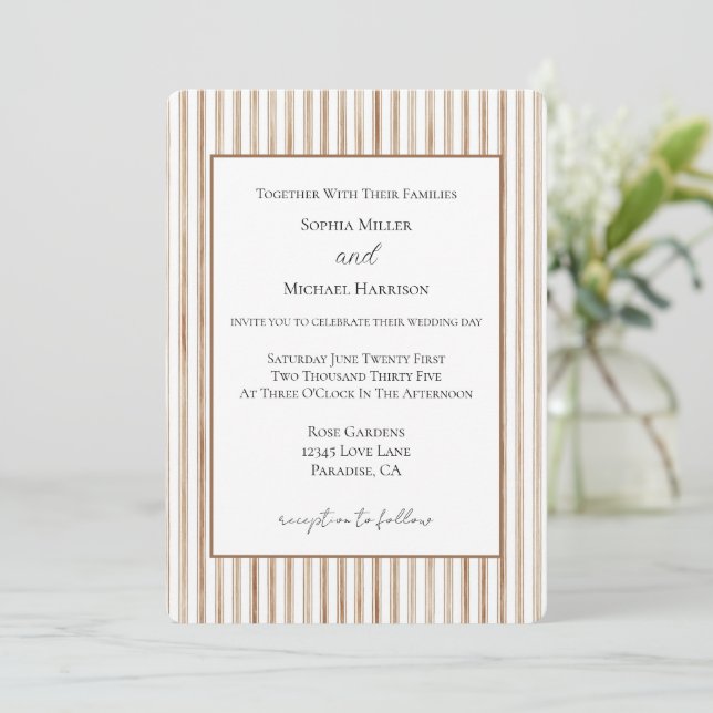Cocoa Brown Cream Stripes Wedding Invitation (Standing Front)