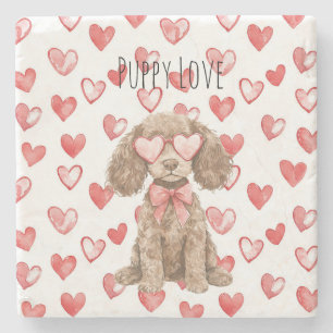 Cocoa Brown Irish Water Spaniel Red Heart Glasses Stone Coaster