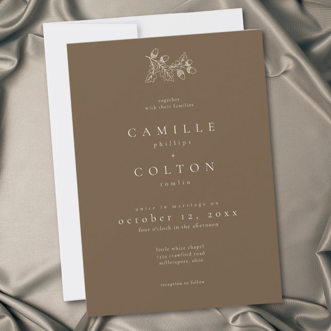 Cocoa Brown Minimalist Leaf Acorn Fall Wedding Invitation (Creator Uploaded)