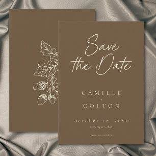 Cocoa Brown Minimalist Leaf Acorn Fall Wedding RSVP Card