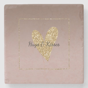 Cocoa Cream Brown Ombre Gold Glitter Heart Stone Coaster