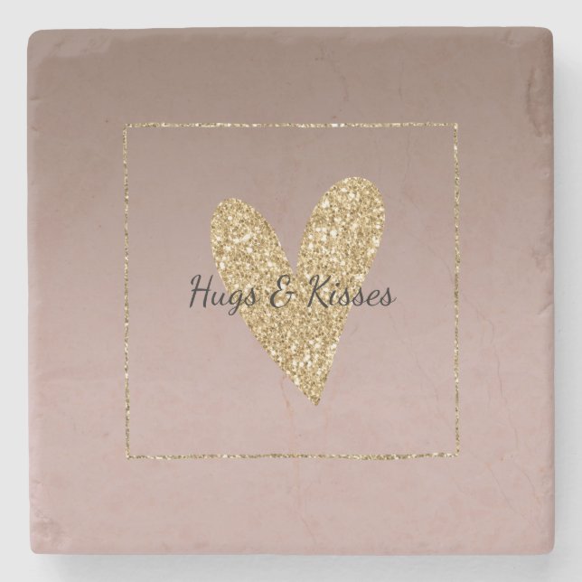 Cocoa Cream Brown Ombre Gold Glitter Heart Stone Coaster (Front)