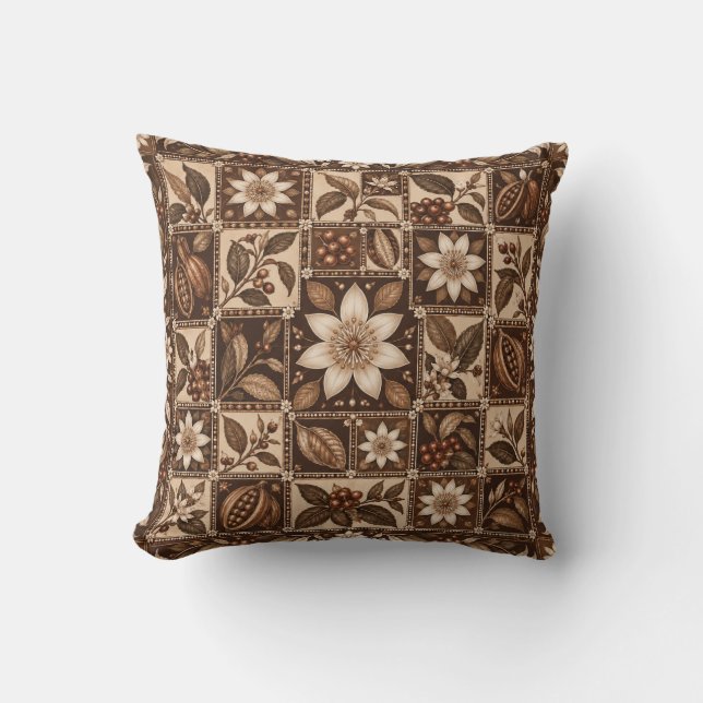 Cocoa Cream Floral Tile Patchwork Cushion (Front)