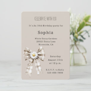 Cocoa Cream White Bow Daisy Flower Birthday Invitation