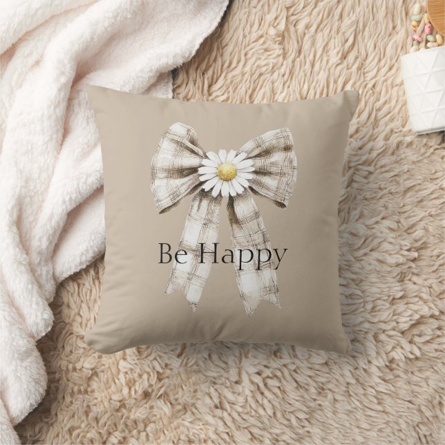 Cocoa Cream White Bow Daisy Flower Happy Cushion (Blanket)