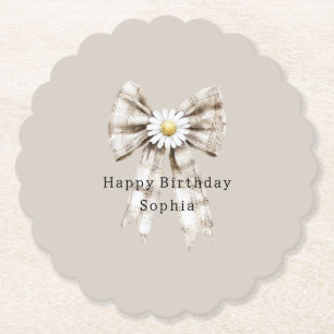 Cocoa Cream White Bow Daisy Flowers Birthday   Paper Coaster