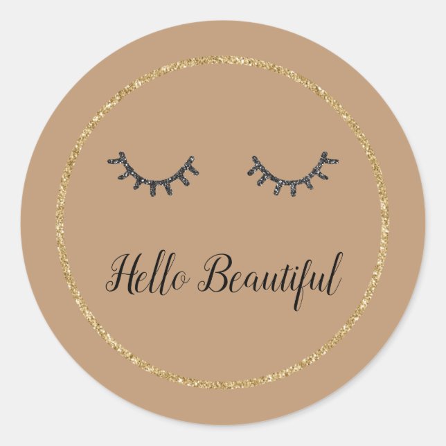 Cocoa Gold Glitter Girly Black Eyelashes Classic Round Sticker (Front)