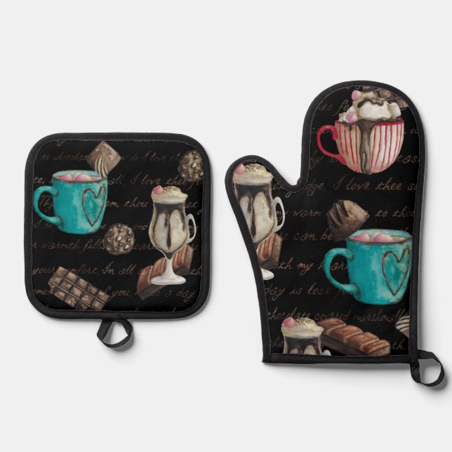 Cocoa marshmallow hot chocolate candy script oven mitt & pot holder set (Front)