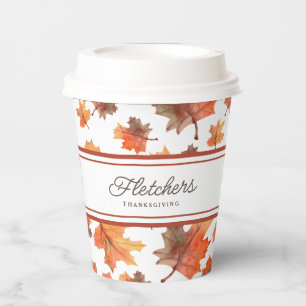 Cocoa Stripes & Golden Fall Leaves Customisable Paper Cups