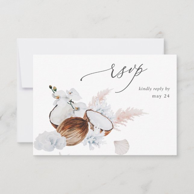 Coconut Coral & White Floral w Meal RSVP Card (Front)