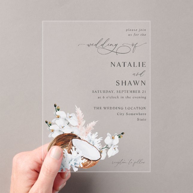 Coconut Coral & White Floral Wedding Acrylic Invitations (Insitu (Handheld))